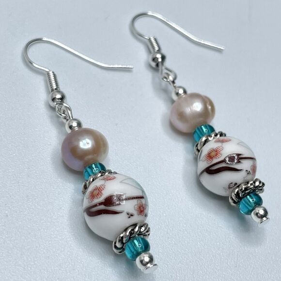 Artisan Freshwater Pearl Floral Ceramic Glass Beaded Silver Tone Earrings Boho - Picture 1 of 5